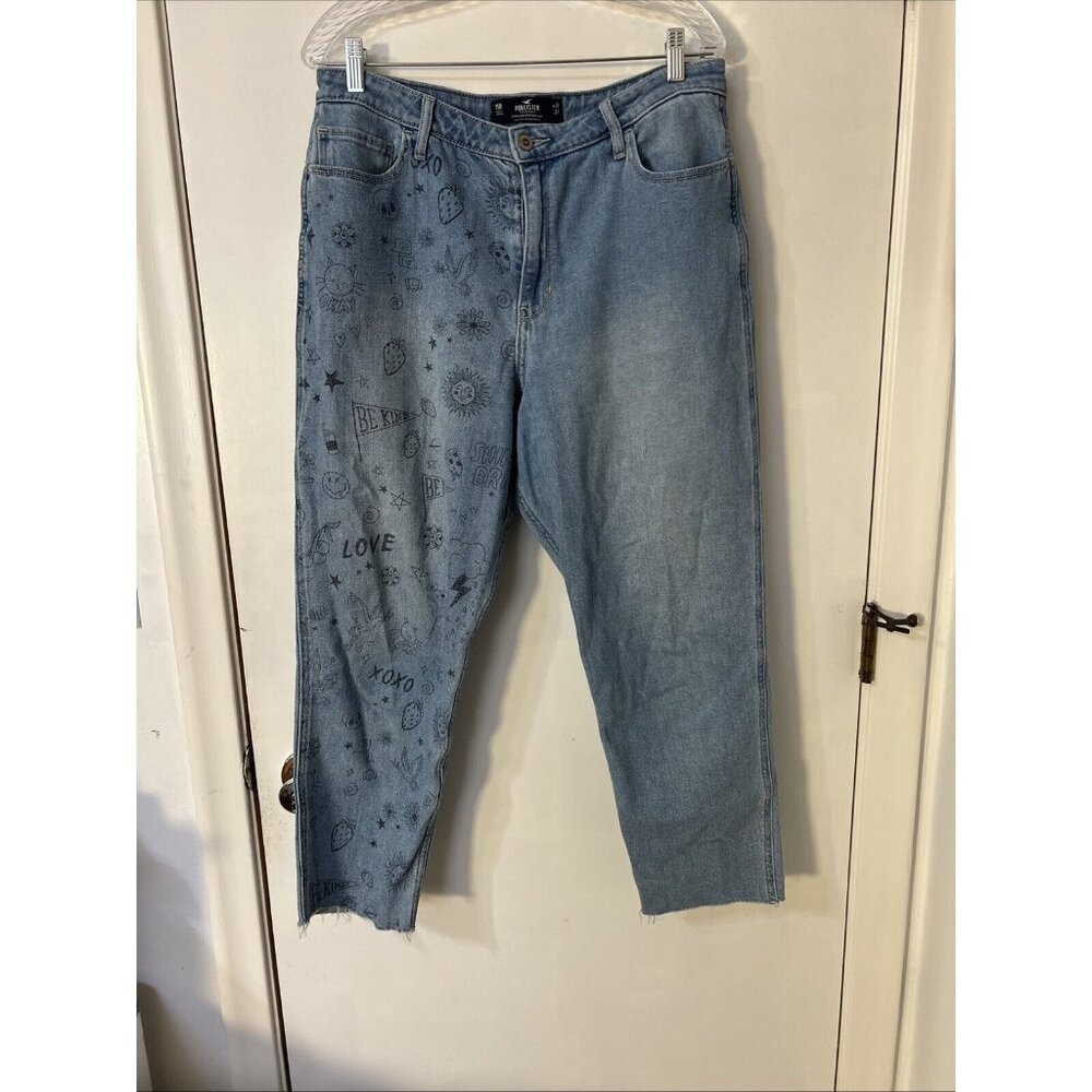 Hollister Ultra High-Rise Unhemmed‎ Doodle Mom Jeans 15R  32 x 27
